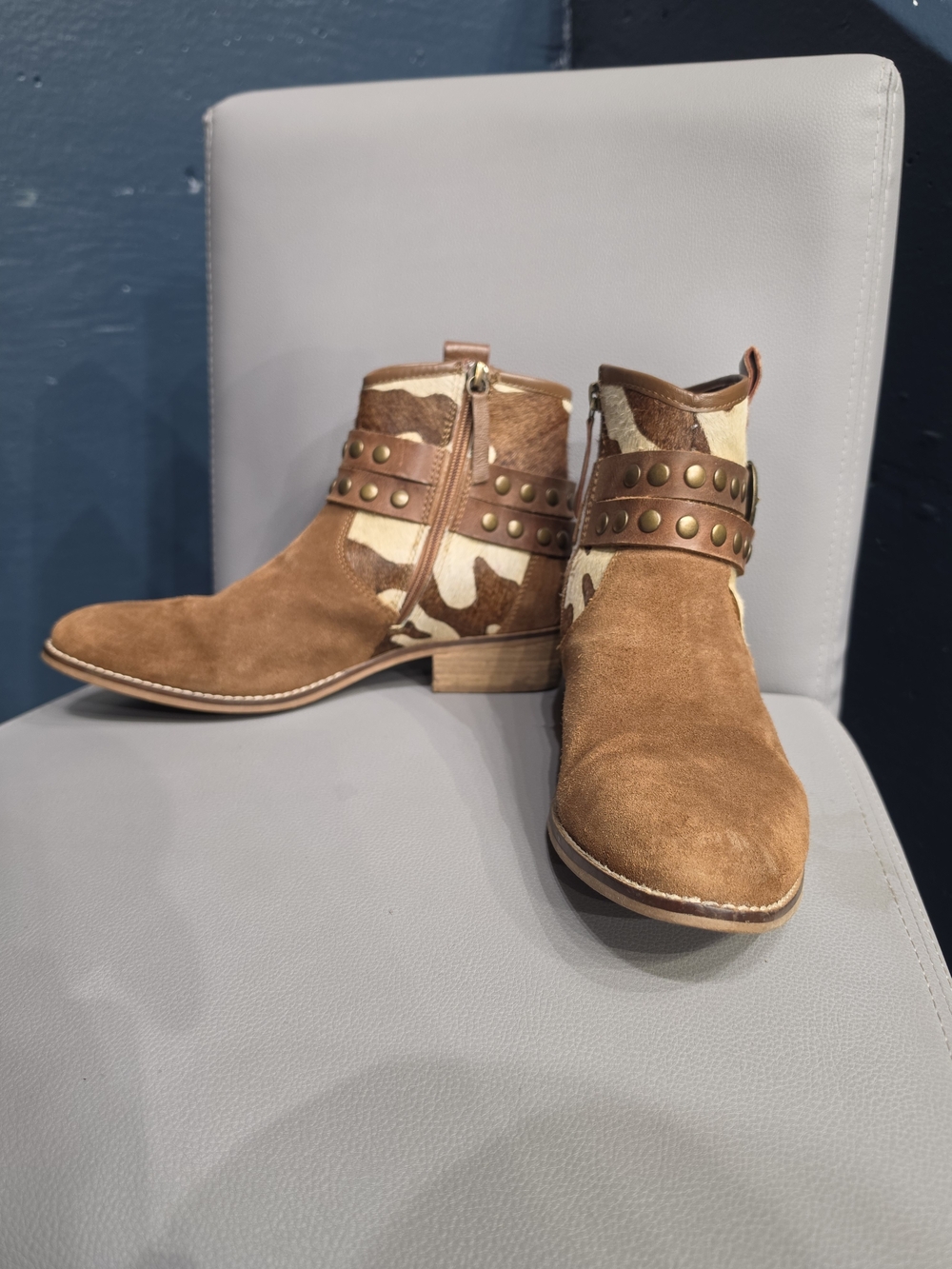 Shyanne Brown Suede Ankle Boots with Cowhide & Studded Strap